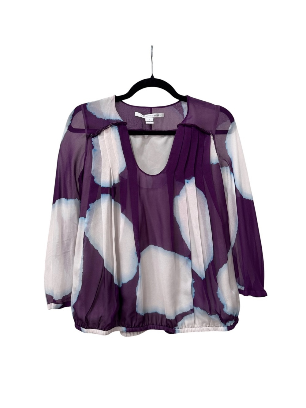 Diane von Furstenberg 100% Silk Purple Abstract Print Sheer Blouse Size 2